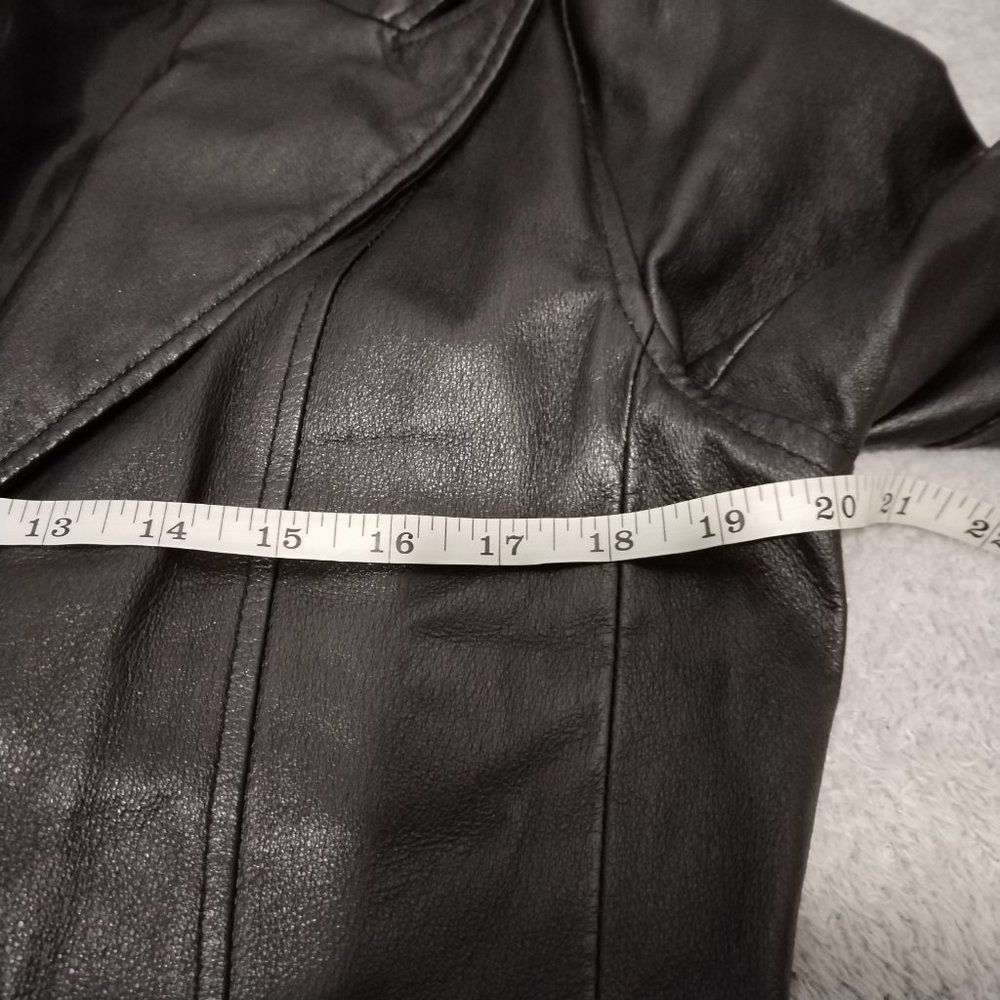 VTG C&A Jacket Women 14 Black Nappa Leather Trench Coat Long Leg Slit Steampunk - Picture 6 of 16